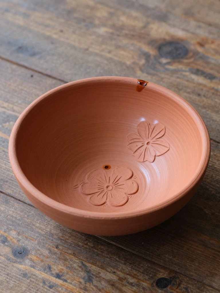 A shallow handmade terracotta bowl with embossed camellia flower designs on the interior sits on a wooden surface.