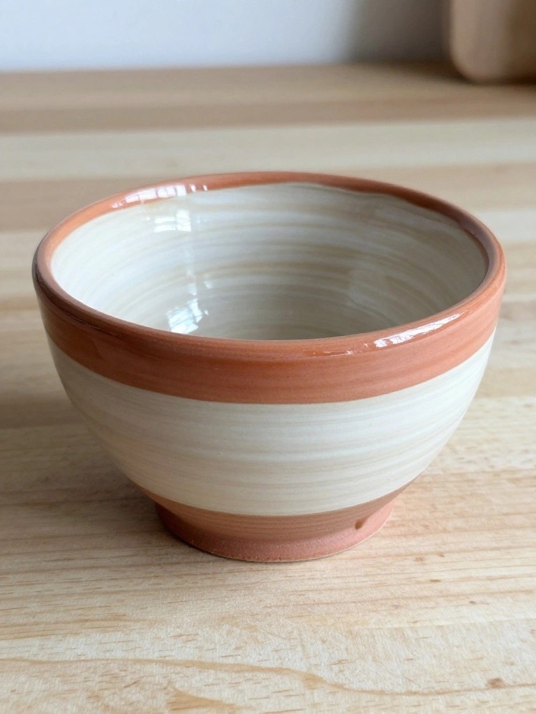 A handmade ceramic bowl with orange-brown terracotta rim and foot, creamy white interior with streaky glaze patterns, sits on a wooden table.