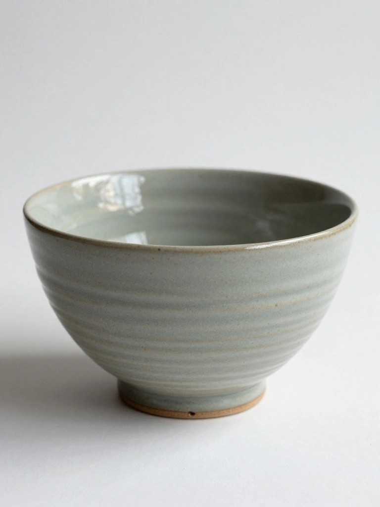 Handmade gray-green ceramic bowl with fine horizontal ridges on the exterior, smooth glossy interior, and footed base on white background.