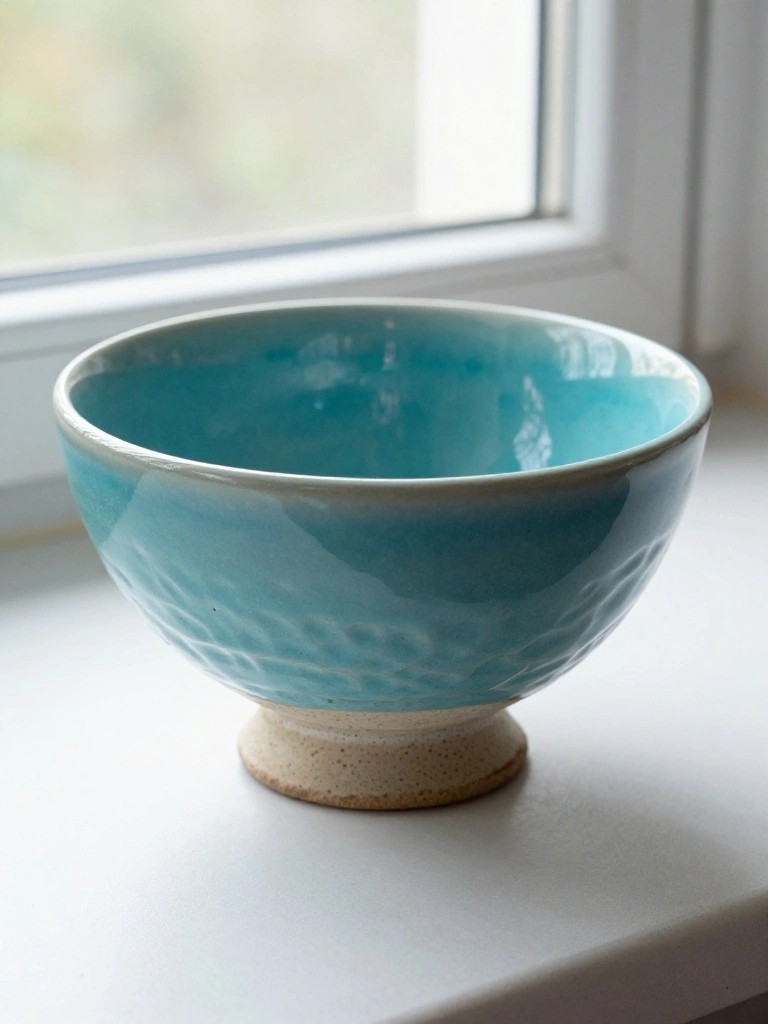 A glossy teal handmade ceramic bowl with wavy textured exterior and small beige footed base sits on a white windowsill.
