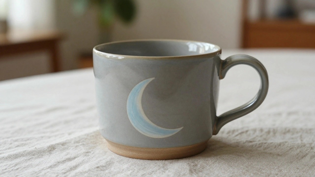 Gray handmade ceramic mug with a pale blue-white crescent moon design on the side, handle, and footed base on a table.