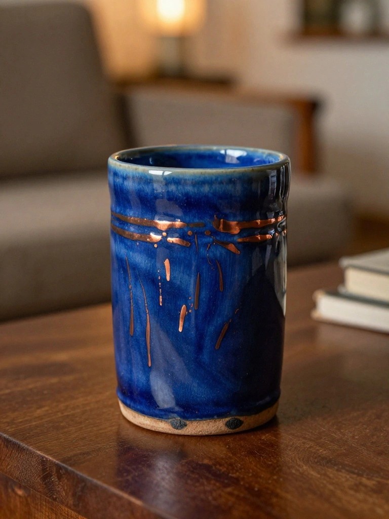A handmade blue ceramic mug with copper glaze drips and stripes sits on a wooden table beside books.