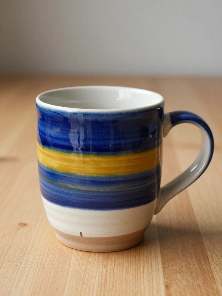 Handmade glossy ceramic mug with blue gradient stripes, yellow band, white interior, and handle on a wooden table.