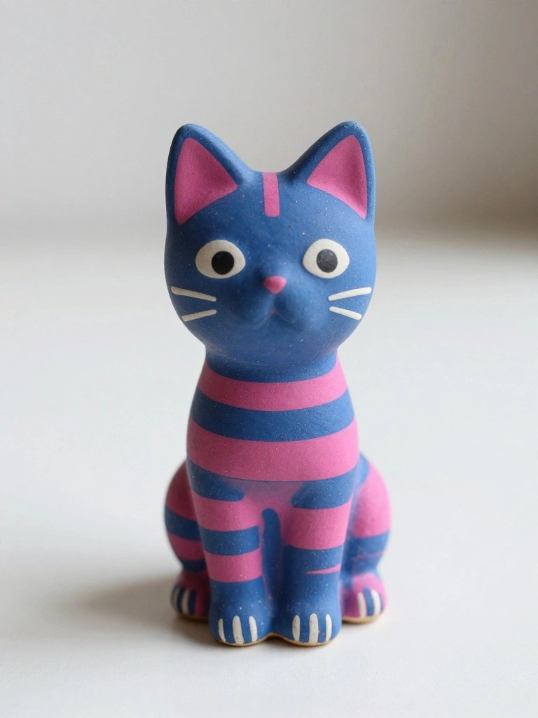 A small sitting ceramic cat figurine with a blue body, pink stripes, big white eyes, pink nose, and blue paws on a white surface.