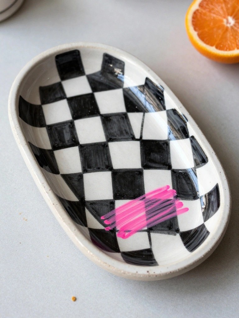 Oval handmade ceramic tray painted with black and white checkerboard pattern and pink brush strokes on a white surface next to an orange.