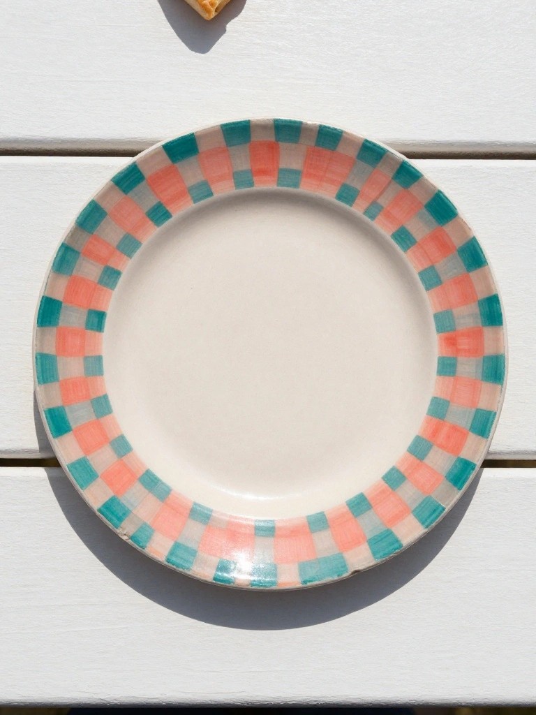 White ceramic plate with teal and coral checkered rim on white wooden surface next to small yellow cracker.