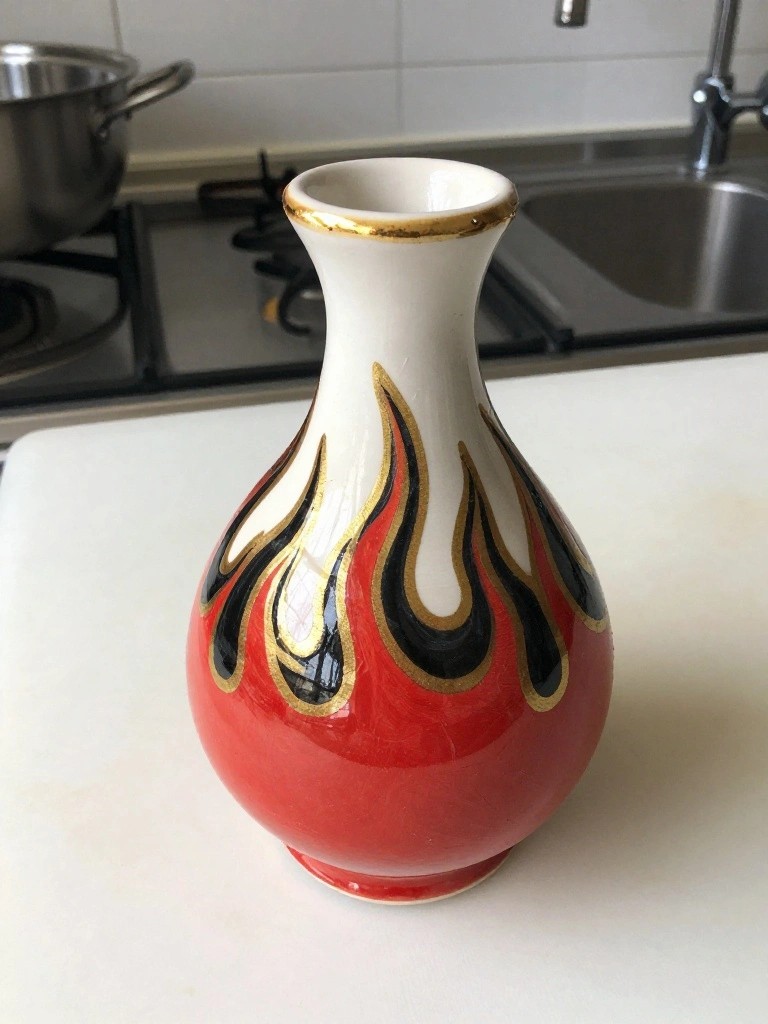 Red ceramic vase with white upper section and black-outlined flame designs in red and gold sits on a white kitchen counter near a sink.