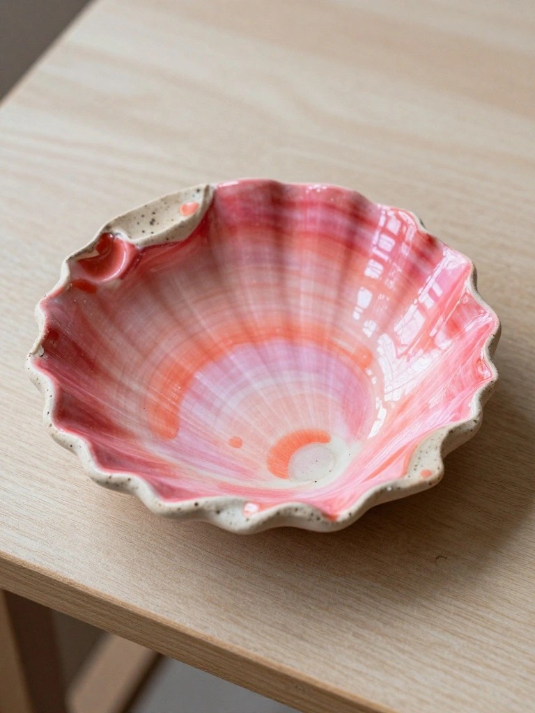 Handmade pink and orange seashell-shaped ceramic bowl with textured edges on a wooden table.
