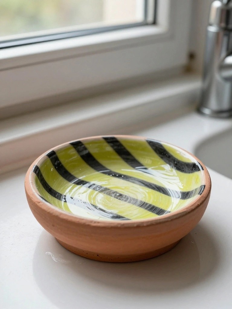 Shallow handmade terracotta bowl with glossy black and yellow stripes glazed inside, sitting on a white surface near a sink.