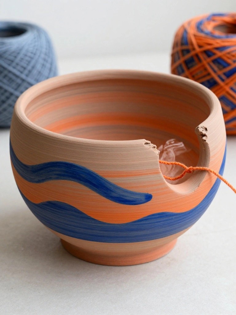 Handmade terracotta bowl with blue and orange wavy painted lines and a side notch holding orange yarn, beside blue and orange yarn balls.