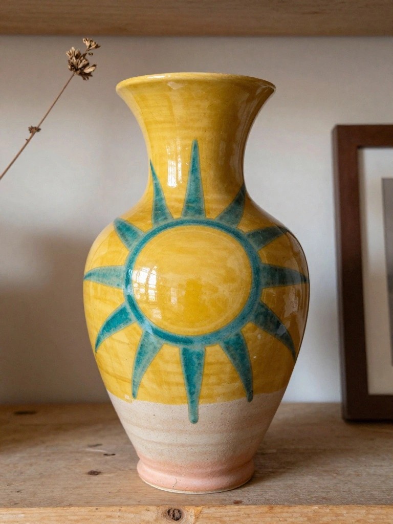 A tall yellow ceramic vase with a turquoise painted sun design sits on a wooden shelf beside dried stems and a framed photo.