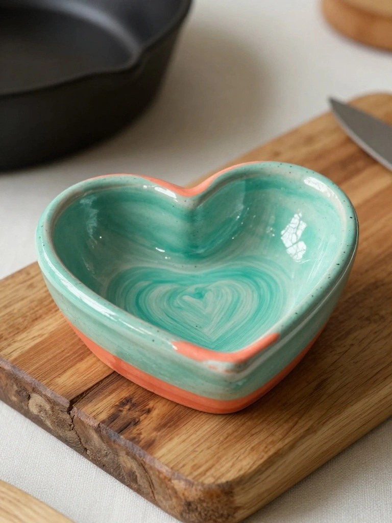 A glossy teal heart-shaped ceramic bowl with orange rim accents sits on a wooden cutting board beside a knife and black frying pan.