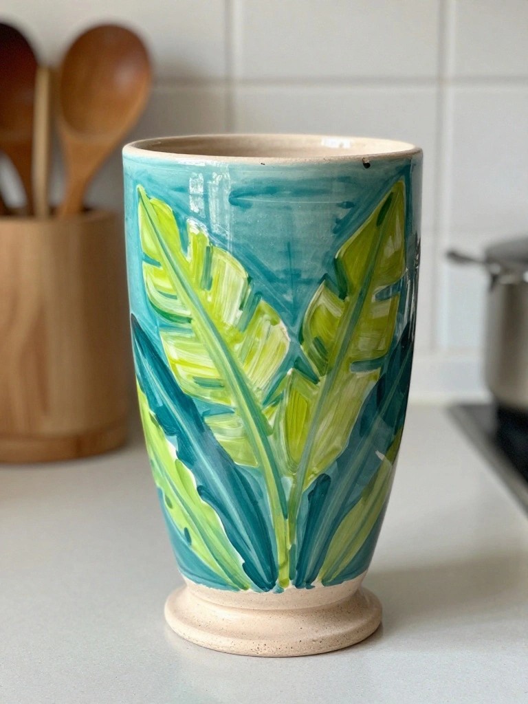 Handmade ceramic pedestal holder with turquoise and green painted banana leaves on a cream body, on a kitchen counter with wooden spoons nearby.
