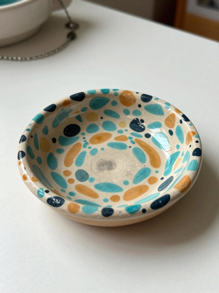 A small shallow handmade ceramic bowl with irregular turquoise, orange, and cream spots sits on a white table with a necklace chain draped across it.