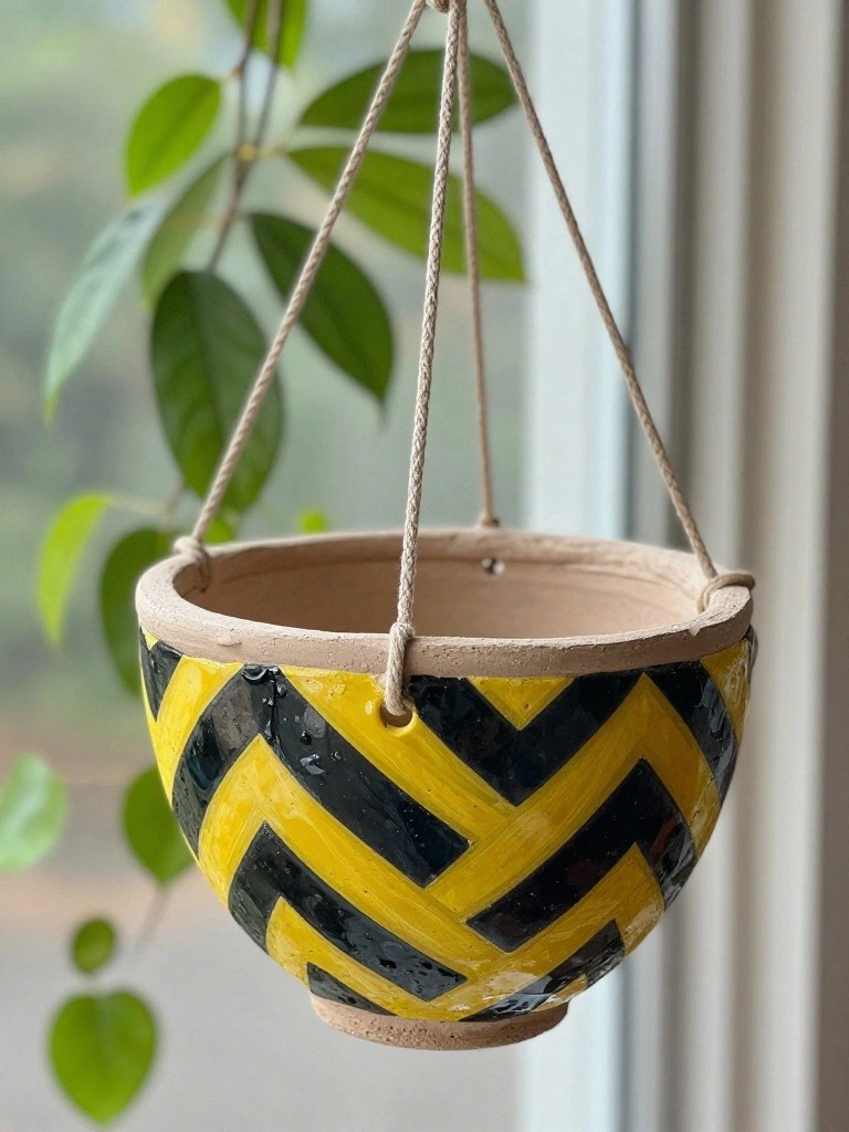 A handmade ceramic bowl-shaped hanging planter painted with black and yellow zigzag chevrons, suspended by ropes with a trailing green plant inside.