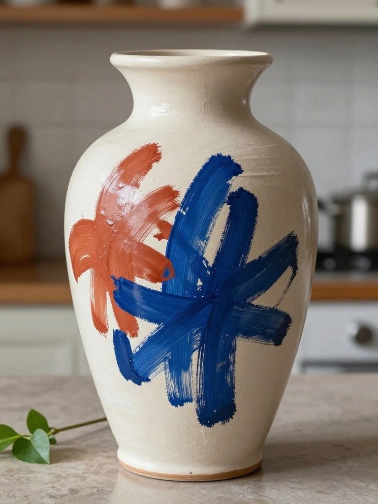 A tall white ceramic vase with orange and blue abstract brushstroke designs sits on a kitchen counter next to a green leaf.