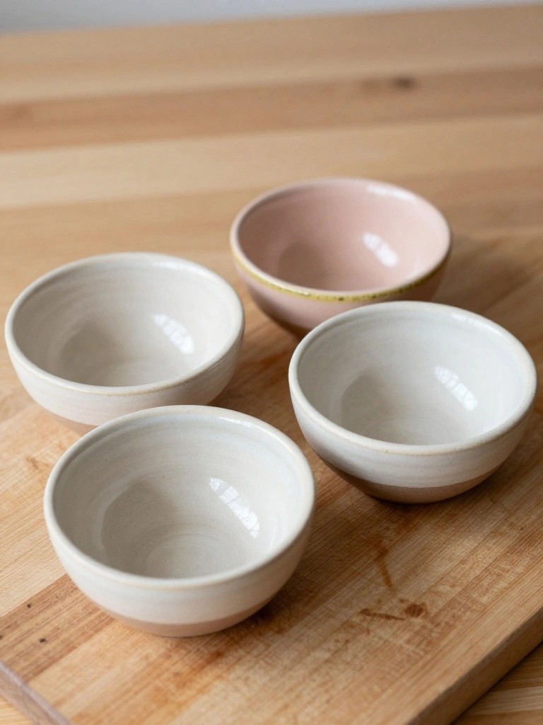 Four small handmade ceramic bowls in cream and pink on a wooden surface.