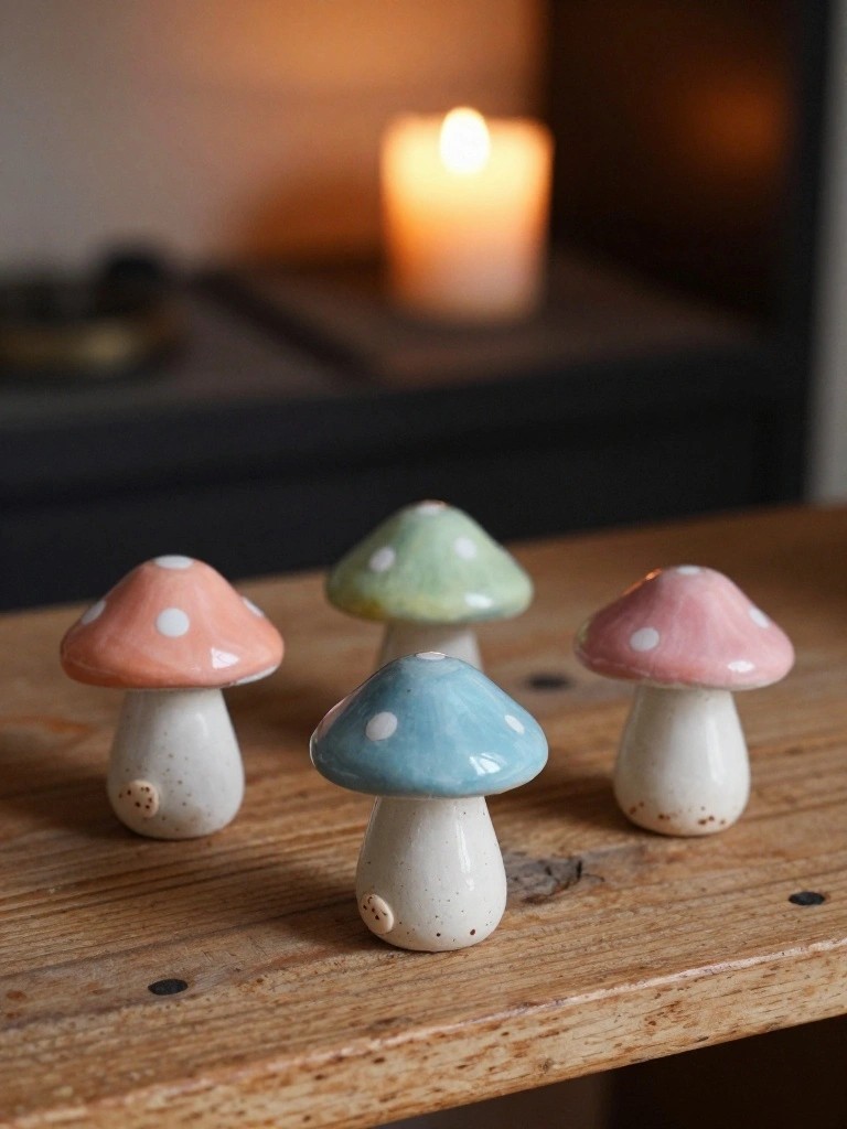 Four small pastel ceramic mushrooms with polka dot caps sit on a wooden table by a candle.