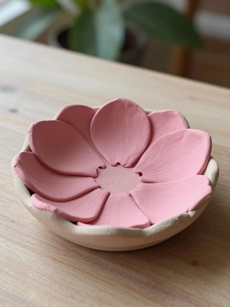 A small white clay bowl shaped like an open pink flower with eight sculpted petals sits on a wooden table.