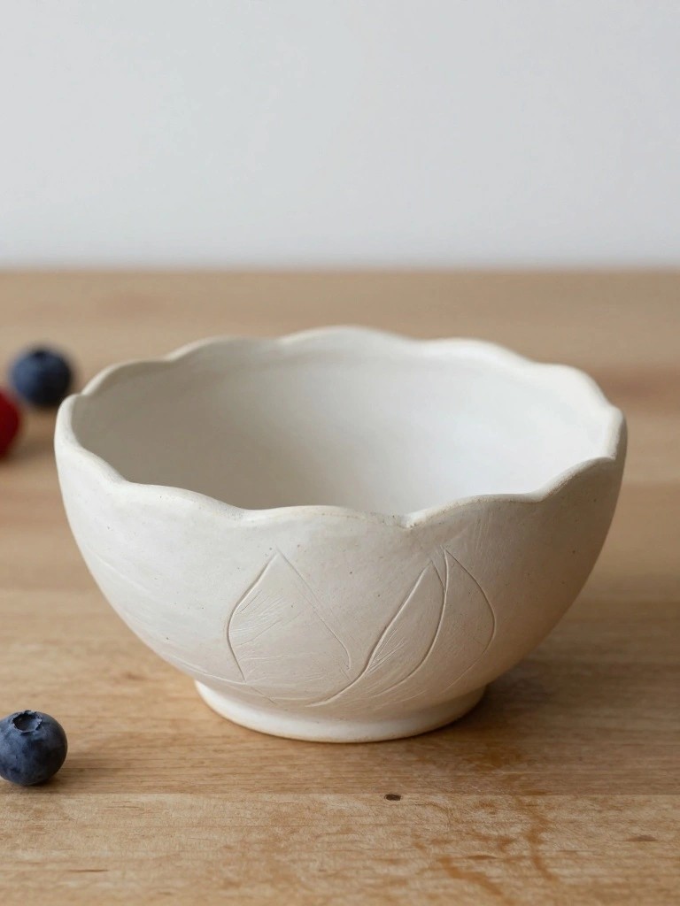 White clay bowl with scalloped edges and leaf vein impressions on a wooden surface next to blueberries.