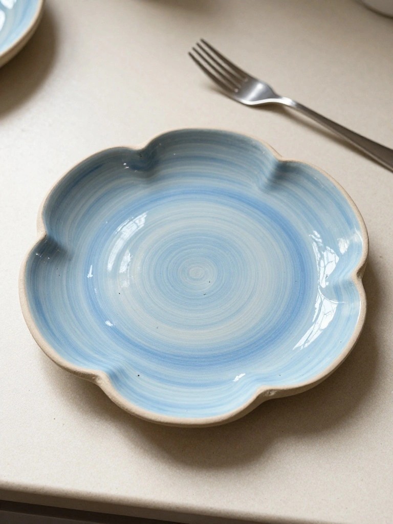 Small handmade blue ceramic dish with scalloped flower-like edges and spiral center pattern on a white surface next to a fork.