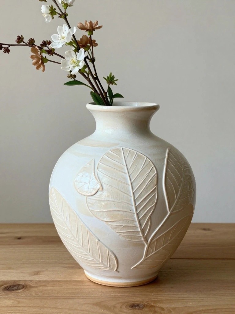 White ceramic vase with embossed leaf patterns on a bulbous form holds flowering branches on a wooden table.