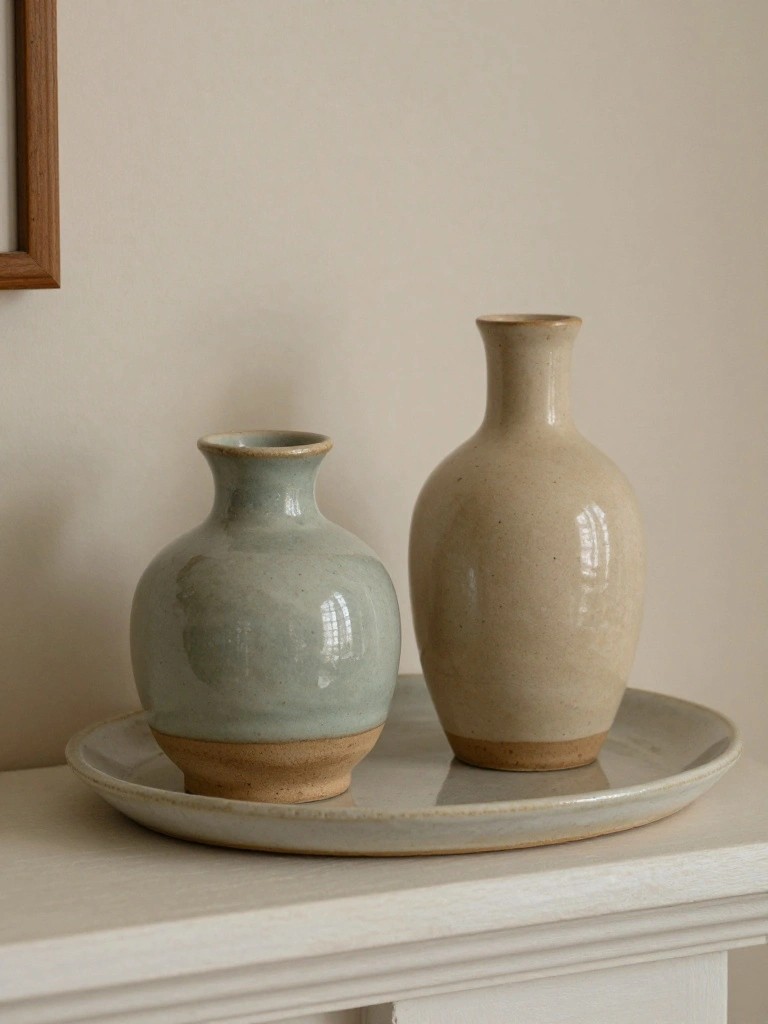 Two handmade ceramic vases, one small green-glazed bulbous and one taller beige-glazed ovoid, placed side by side on a white plate atop a white shelf.