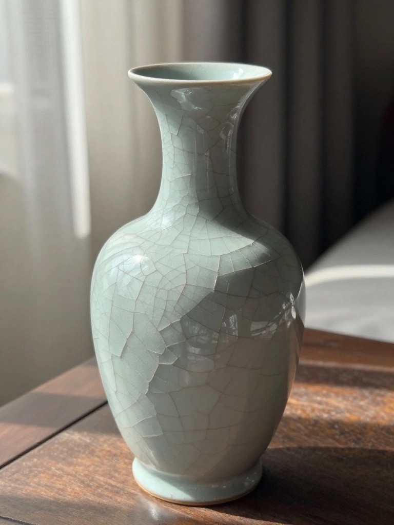 A tall pale green ceramic vase with crackle glaze sits on a wooden table next to a bed in a sunlit room.
