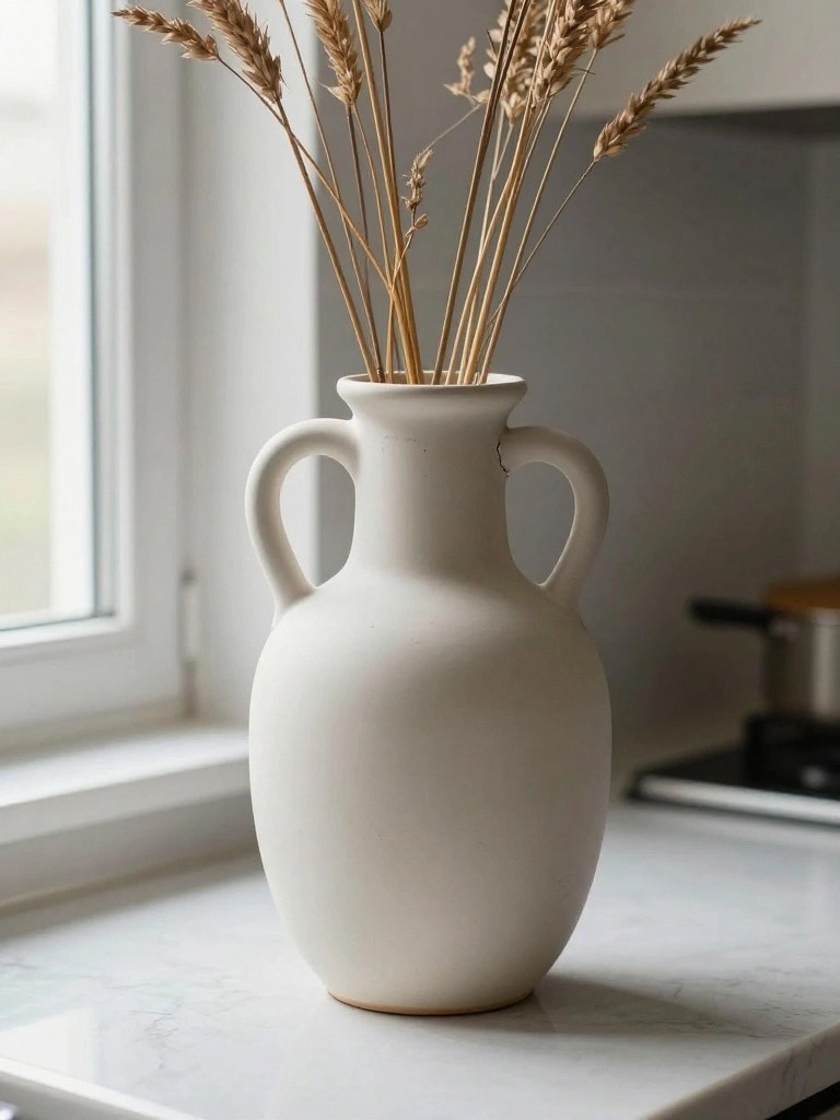 A matte white ceramic vase with two handles and a bulbous shape holds a bundle of dried wheat stalks on a kitchen counter by a window.