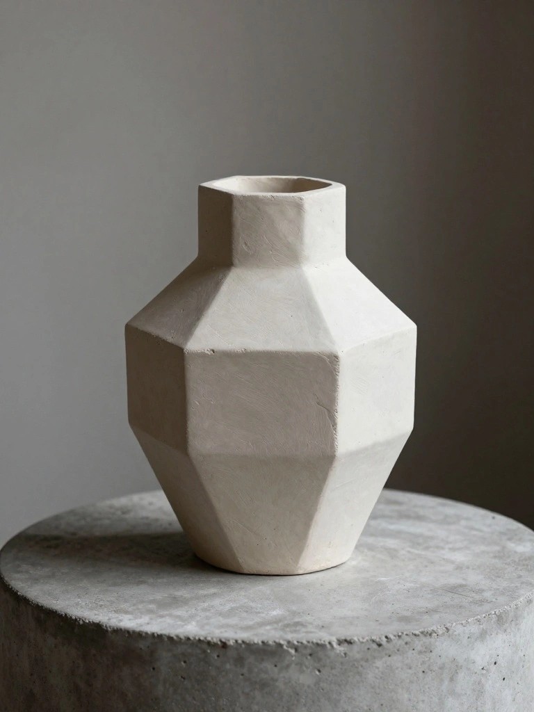 A tall white octagonal ceramic vase with faceted sides stands on a round gray pedestal in front of a neutral wall.