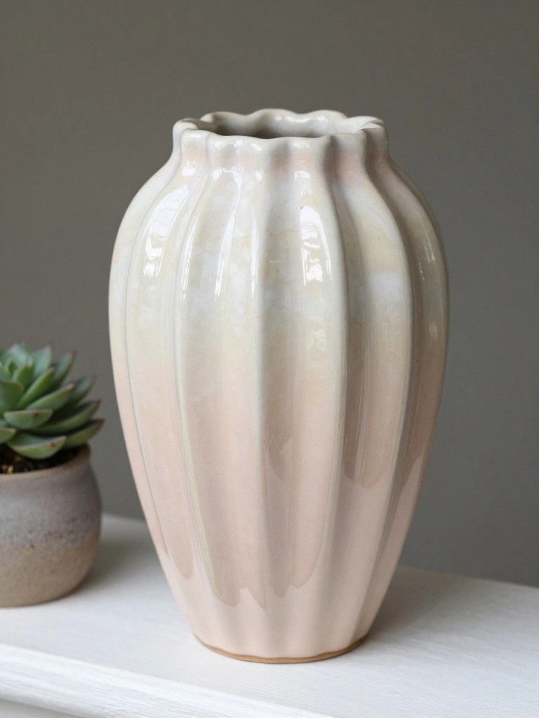 A tall handmade ceramic vase with vertical ribs and pink-to-cream gradient glaze stands next to a small potted succulent on a white surface.