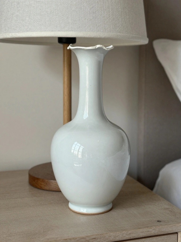 Glossy white baluster-shaped porcelain vase on a wooden nightstand beside a lamp and bed.