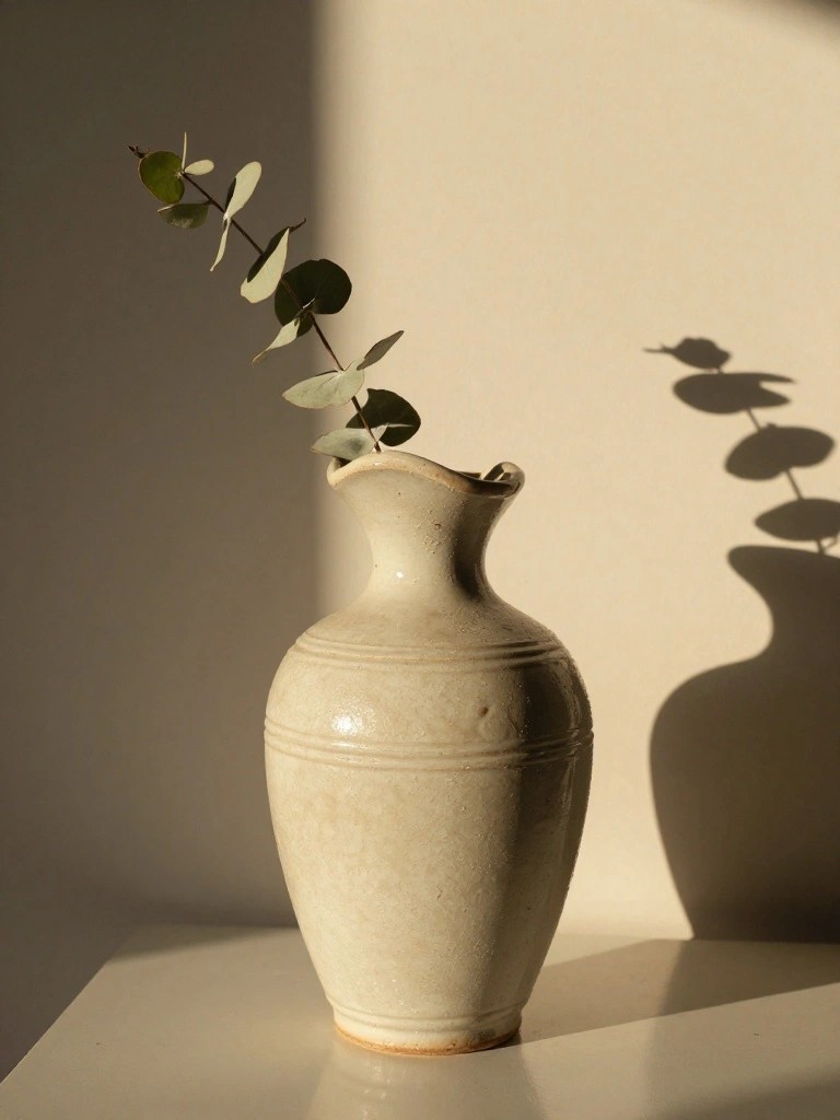 Beige handmade ceramic vase holding one eucalyptus stem on a white table, with leaf shadows cast on the beige wall behind it.