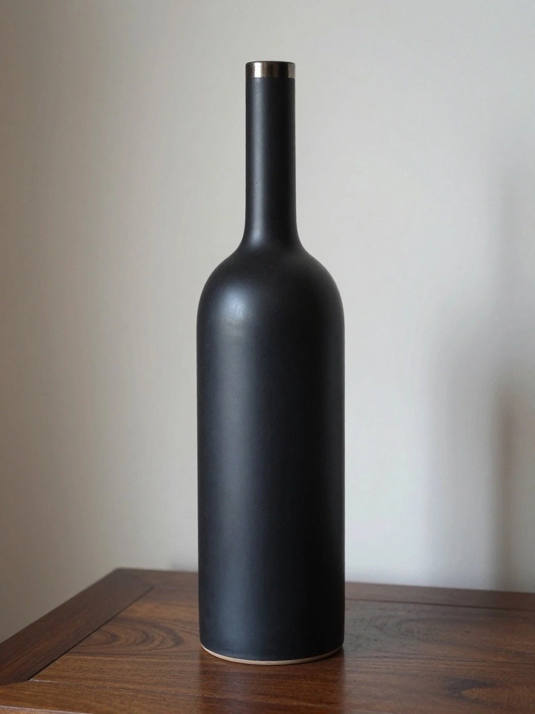 A tall matte black ceramic vase with a narrow neck stands on a wooden table.