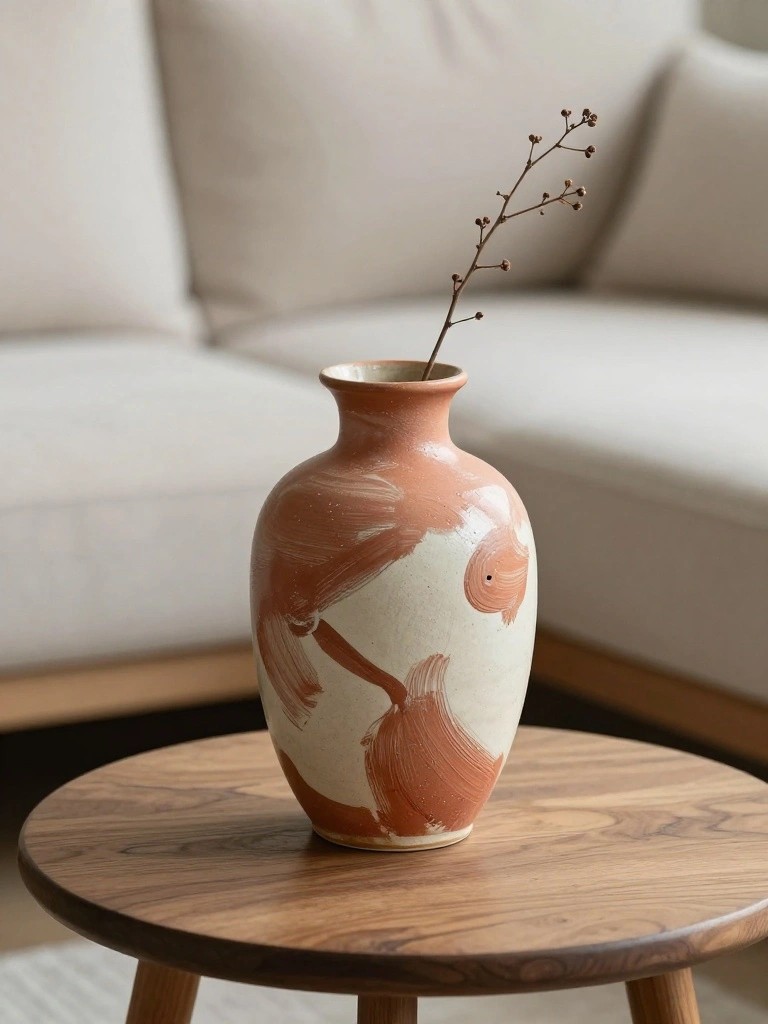 Handmade ceramic vase with creamy white body and abstract rust brushstrokes on a wooden table holding a thin dried stem.