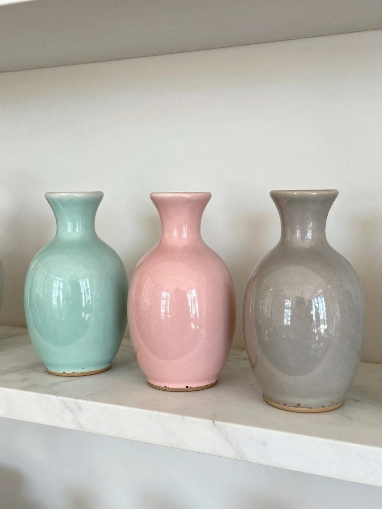Three glazed ceramic vases in pastel teal, pink, and gray sit in a row on a white shelf.
