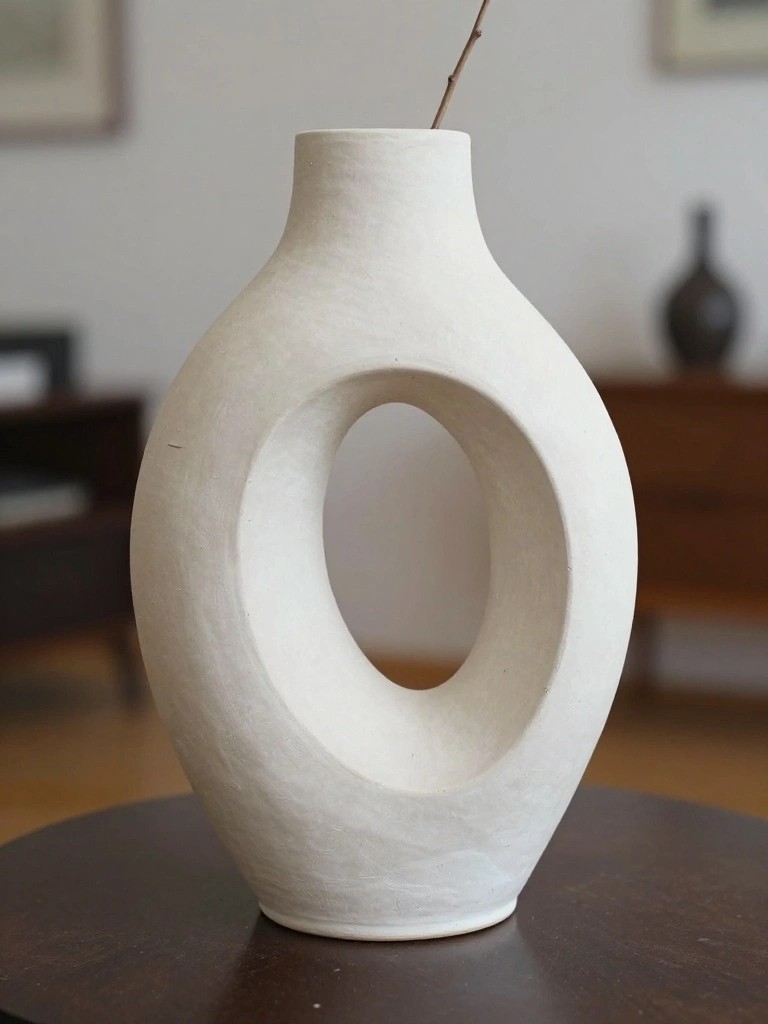 White handmade ceramic vase with large oval cutout through one side, holding a thin branch, on a round wooden table.