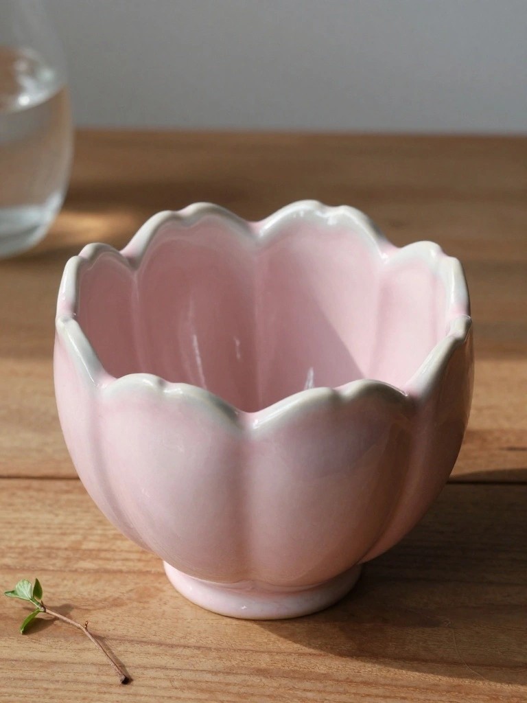 A small pink ceramic bowl with white-rimmed scalloped edges sits on a wooden table beside a glass of water and a plant sprig.