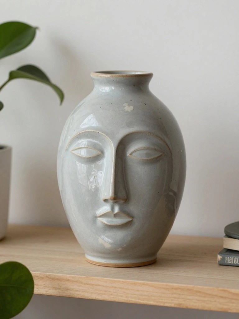Gray ceramic vase sculpted as a serene face with closed eyes on a wooden shelf next to potted plants.