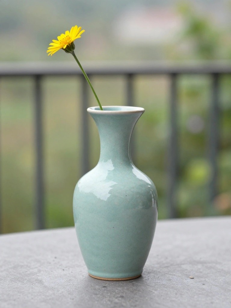 A pale green handmade ceramic vase holding a single yellow daisy stem on a gray table with balcony railing and green background.