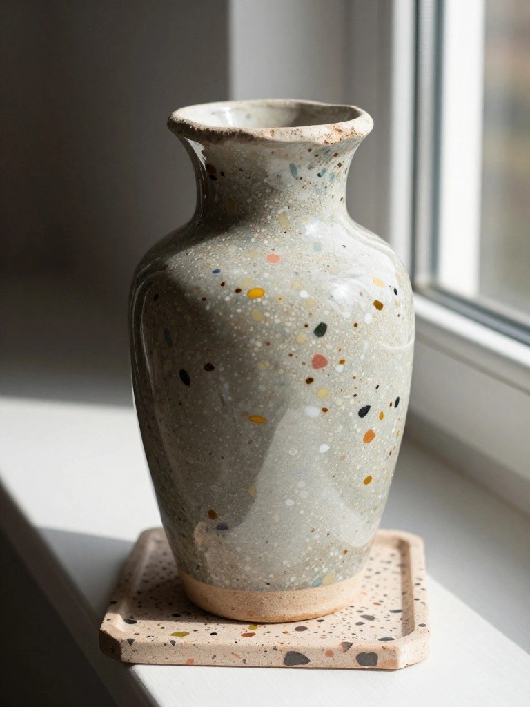 A bulbous light gray ceramic vase with colorful speckles sits on a matching speckled pink tray on a windowsill.