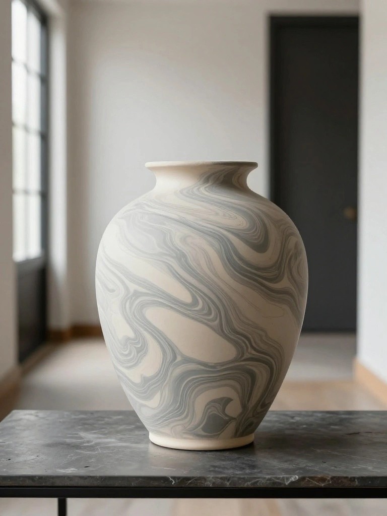 Tall bulbous pottery vase with gray and white marbled glaze on a black table in a room with large windows.