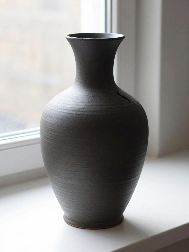 Tall black matte-glazed pottery vase with subtle vertical texture sits on a windowsill in front of a window.