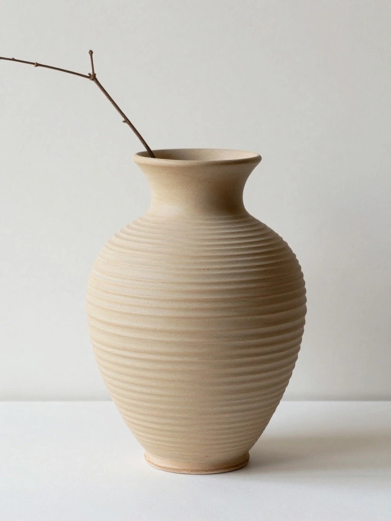 A tall beige ribbed ceramic vase with vertical ridges holds a thin dry branch and sits on a white surface.