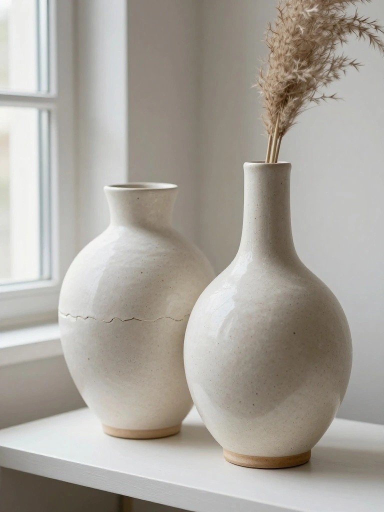 Two creamy white textured pottery vases side by side on a white shelf near a window, with pampas grass in the taller one.