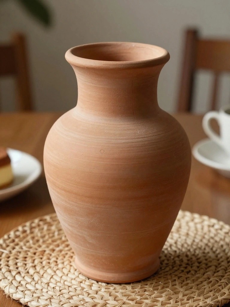 A bulbous handmade terracotta vase with subtle vertical textures sits on a wooden table next to a cup and saucer.