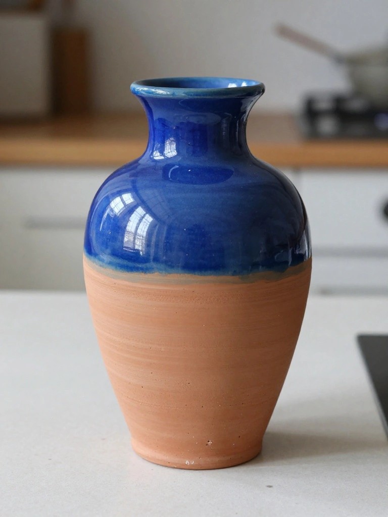 Handmade pottery vase with unglazed terracotta lower body and deep blue glazed upper half on a kitchen counter.