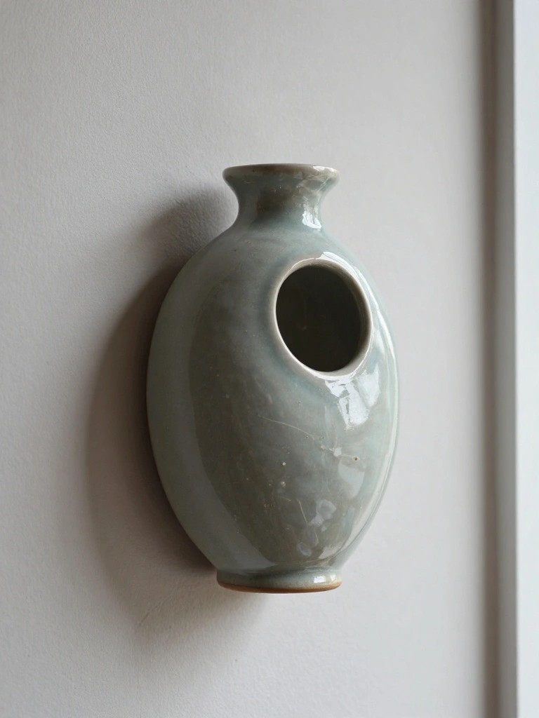 Light green glazed ceramic oval vase mounted on a white wall with a circular side opening and small base bracket.