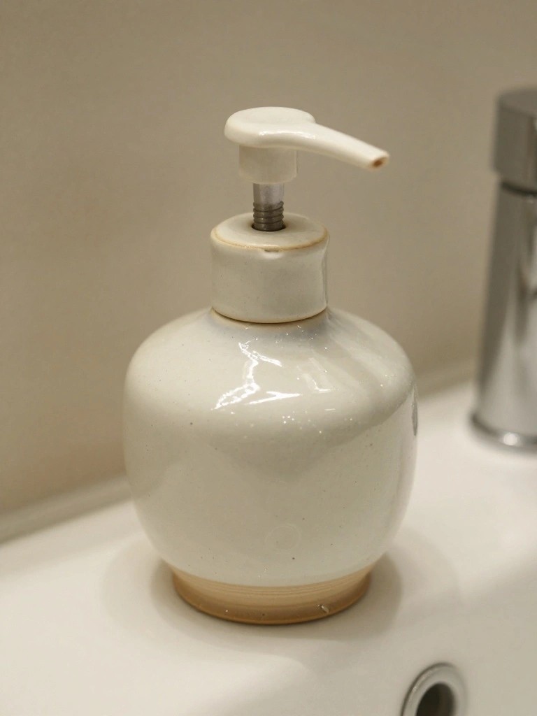 A white ceramic bulbous soap dispenser with a pump sits on a bathroom counter next to a chrome faucet.