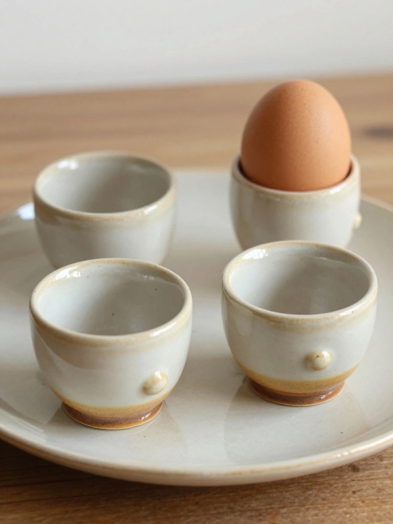 Four small handmade white ceramic egg cups with beige-orange rims and raised dots on a white plate, one cup holding a brown egg.